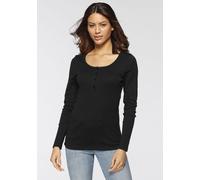 Langarmshirt H.I.S "mit kurzer Knopfleiste", Damen, Gr. 32/34, schwarz-weiß (schwarz, weiß), Feinripp;Jersey;Rippware, Obermaterial: 100% Baumwolle, unifarben, Basic, körpernah, tiefer Rundhals, Shirt