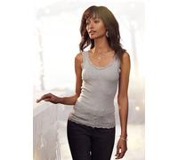 Spitzentop H.I.S "aus Feinripp", Damen, Gr. 40/42, schwarz-weiß (schwarz, weiß), Feinripp, Obermaterial: 100% Baumwolle, unifarben, tiefer Rundhals, Tops Spitzentop, aus weicher Baumwoll-Qualität, Top