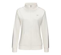 Sweatjacke H.I.S, Damen, Gr. 32/34, ecru, Interlock, Obermaterial: 60% Baumwolle, 40% Polyester, unifarben, Basic, bequem hüftbedeckend, ohne Ausschnitt, Bündchen, Sweatjacken, mit gestreiftem Tape an