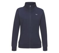Sweatjacke H.I.S, Damen, Gr. 44/46, blau (marine), Interlock, Obermaterial: 60% Baumwolle, 40% Polyester, Basic, bequem hüftbedeckend, ohne Ausschnitt, Langarm Bündchen, Sweatjacken, mit gestreiftem T