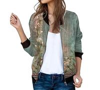 H Und M Damen Mantel Lässige Alltagsjacken für Damen, leichte Freizeitjacke mit Reißverschluss, Blumendruck, Mantel, Stehkragen, kurze Sport-Outwear, Reißverschluss-Oberteile Damen (Green-b, M)