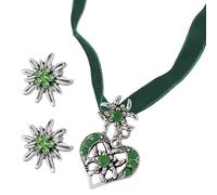 HABNI 3 Stück Trachtenschmuck Set Bayerisch Schmuck Trachtenkette Mit Strass Herz Anhänger Und Ohrstecker Für Damen Bierfest Trachten Outfit Accessoires Grün