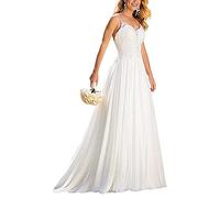 HADECOLL Elegantes Chiffon-Brautkleid mit Spaghettiträgern und Spitze, langes Abendkleid, Elfenbein, Größe 40, Weiß-34