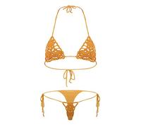 Häkel Bikini Set Für Damen -Sexy Zweiteiliger Badeanzug Mit Blumenmuster, Handgefertigt, Gestrickt, Dessous, Modisch, Niedrige Taille, Spaghettiträger, Badeanzug, Orange, M