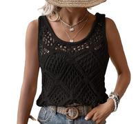 Häkel-Tanktop für Damen, Boho-Strickpullover, Weste, ärmellos, Pullover, leichtes Cami-Top für Sommer, lässig, Strand, Bikini, Vertuschung, Urlaub, Schichtung, Schwarz , L