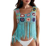 Häkel-Tanktop für Damen, mit Quasten, gestrickt, Bunte Blumenstickerei, Sommer, Boho, Camisole, 04_blau, Einheitsgröße
