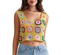Häkel-Tanktop für Damen, mit Quasten, gestrickt, bunte Blumenstickerei, Sommer, Boho, Camisole, 13_Gelb, Einheitsgröße