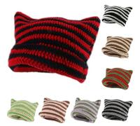 Häkelmützen für Damen, Katzen-Beanie, Vintage-Mütze, Y2K, Fuchsmütze, Grunge-Zubehör, Slouchy Beanies für Damen, Katzen-Beanie, Schwarz Rot, Einheitsgröße