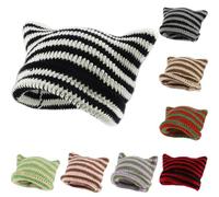 Häkelmützen für Damen, Katzen-Beanie, Vintage-Mütze, Y2K, Fuchsmütze, Grunge-Zubehör, Slouchy Beanies für Damen, Katzen-Beanie, Schwarz Weiß, Einheitsgröße