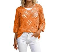 Häkelpullover Damen Hakelnadel Mesh Oberteil Häkel Rundhals Strickpullover Sommer Lässige Kurzarm Pullover Aushöhlung Strick Tops Cover Ups Netzoberteil T-Shirt Sandstrand Streetwear (Orange, L)