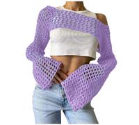 Häkelpullover Damen Y2k T-Shirt Netzoberteil Crop Top One-Shoulder Aushöhlenpullover Langarm Einfarbig Oberteile 90er Streetwear Gothic Punk Schulterfrei Strickpullover
