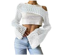 Häkelpullover Damen Y2k T-Shirt Netzoberteil Crop Top One-Shoulder Aushöhlenpullover Langarm Einfarbig Oberteile 90er Streetwear Gothic Punk Schulterfrei Strickpullover