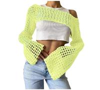 Häkelpullover Damen Y2k T-Shirt Netzoberteil Crop Top One-Shoulder Aushöhlenpullover Langarm Einfarbig Oberteile 90er Streetwear Gothic Punk Schulterfrei Strickpullover