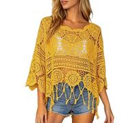 Häkeltop Damen Boho Festival Oberteil Cover Up Strandtop Rundkragen Strandbluse Langarm Oberteile Locker Bikini Cover Up Durchsichtig Blusenshirt Strandmode