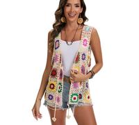 Häkelweste, afrikanische Blume, quadratisch, Häkelweste, Farbblock-Pullover, gestrickt, mehrfarbig, vorne offen, Beige, Einheitsgröße