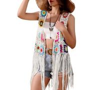 Häkelweste, afrikanische Blume, quadratisch, Häkelweste, Farbblock-Pullover, gestrickt, mehrfarbig, vorne offen, Weiß-Fransen-02, Einheitsgröße