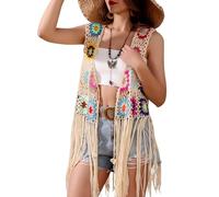 Häkelweste, afrikanische Blume, quadratisch, Häkelweste, Farbblock-Pullover, gestrickt, mehrfarbig, vorne offen, Beige-Fransen-02, Einheitsgröße