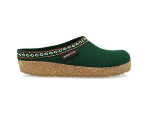 Haflinger - Grizzly Franzl - Unisex Filz-Pantoffel mit Borte - Grün (Eibe), Gr. 37