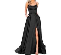 HAHAEMMA Damen Elegant Lange Ballkleider mit Taschen Satin A-Linie Backless Hochzeitskleid Abendkleider Sexy Neckholder Spaghetti Brautkleid Kleider Lang Prinzessin Brautjungfer Kleid (BL-L)