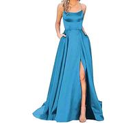 HAHAEMMA Damen Elegant Lange Ballkleider mit Taschen Satin A-Linie Backless Hochzeitskleid Abendkleider Sexy Neckholder Spaghetti Brautkleid Kleider Lang Prinzessin Brautjungfer Kleid (BE-XS)