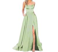 HAHAEMMA Damen Elegant Lange Ballkleider mit Taschen Satin A-Linie Backless Hochzeitskleid Abendkleider Sexy Neckholder Spaghetti Brautkleid Kleider Lang Prinzessin Brautjungfer Kleid (LG-XL)