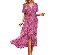 hahuha Maxikleider für Damen, Sommer, Damenkleid, schmale Passform, elegant, Blumenmuster, kurzärmelig, langer Rock, Chiffon-Kleid, rot, L
