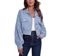 hahuha Modische Cordjacke für Damen, Herbst, Winter, lange Ärmel, kurze Jacke, lässig, warme Jacken, hellblau, S