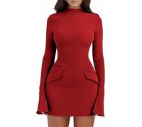 Haibang Damen Kleid Elegant Flare Langarm Bodycon Minikleid Sexy Partykleid Figurbetontes Kleid Rollkragen Businesskleider Freizeitkleid Basic Kurz Kleider Langarmkleid Herbstkleider mit Taschen