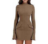 Haibang Damen Kleid Elegant Flare Langarm Bodycon Minikleid Sexy Partykleid Figurbetontes Kleid Rollkragen Businesskleider Freizeitkleid Basic Kurz Kleider Langarmkleid Herbstkleider mit Taschen