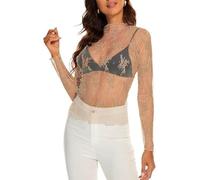 Haibang Damen Netzoberteil Spitzen Blumenstickerei Sexy Sheer Mesh Tops Transparentes Bluse Rundhals Netz Oberteil Leichtes Durchsichtige Langarm T-Shirt Rave Outfit für Party Club