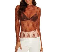 Haibang Damen Netzoberteil Spitzen Blumenstickerei Sexy Sheer Mesh Tops Transparentes Bluse Rundhals Netz Oberteil Leichtes Durchsichtige Langarm T-Shirt Rave Outfit für Party Club