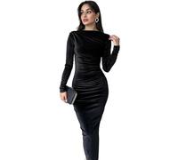 Haibang Damen Samtkleid Langarm Elegant Winterkleid Bodycon Midikleid Figurbetontes Kleid Sexy Rüschen Langarmkleid Vintage Freizeitkleid Einfarbig Abendkleid Partykleid Clubkleid Cocktailkleid