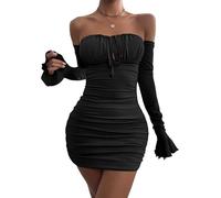 Haibang Figurbetontes Kleid Damen Elegant Schulterfreies Kleid Sexy Langarm Minikeid mit Rüschen Bodycon Langarmkleid Bleistiftkleid Rückenfrei Partykleid Cocktailkleid Clubbing Kleid Kurz