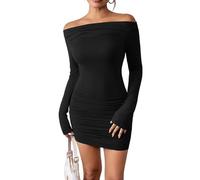 Haibang Figurbetontes Kleid Damen Elegant Schulterfreies Kleid Sexy Langarm Minikeid mit Rüschen Bodycon Bleistiftkleid Freizeitkleid Off Shoulder Partykleid Cocktailkleid Clubbing Kleid Kurz
