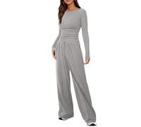 Haibang Zweiteiler Damen Herbst Baumwoll Lounge Set Slim Fit Jogginganzug Trainingsanzug Cozy Hausanzug Loungewear Y2K Outfit Asymmetrischer Saum Langarmshirt und Kordelzug Weites Bein Lang Hosen Set