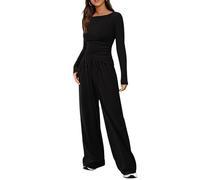 Haibang Zweiteiler Damen Herbst Baumwoll Lounge Set Slim Fit Jogginganzug Trainingsanzug Cozy Hausanzug Loungewear Y2K Outfit Asymmetrischer Saum Langarmshirt und Kordelzug Weites Bein Lang Hosen Set