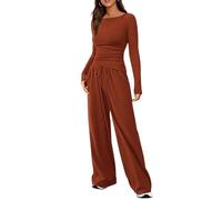 Haibang Zweiteiler Damen Herbst Baumwoll Lounge Set Slim Fit Jogginganzug Trainingsanzug Cozy Hausanzug Loungewear Y2K Outfit Asymmetrischer Saum Langarmshirt und Kordelzug Weites Bein Lang Hosen Set
