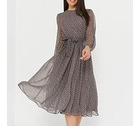 HAIBI Damen Kleidelegantes Dot Print Langarmkleid O-Neck Chiffon A-Line Damen Casual Herbst Vintage Midikleider,Kaffee,M
