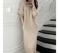 HAIBI Damen Langarm Kleid Elegante Gürtel Pullover Kleider Damen Casual Langarm Warmes Partykleid Winter Rollkragen Lose Stricklanges Kleid,Beige,S