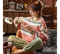 HAIBI Damen Pyjama Winter，Mädchen Schlafanzug Weibliche Winter Pyjamas Set Mädchen Nachthemd Warm Flanell Lange Ärmel Pyjamas Streifen Homewear Dick Home Suit, Groß