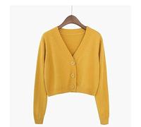 HAIBI Damen-Strickjacke, gestrickte Crop-Strickjacke, Damen, kurzer Pullover, Langarm, V-Ausschnitt, Jacke mit Knöpfen,Gelb,S