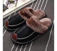 HAIBI Winter Pantoffeln Männer Frauen Hausschuhe Echtes Leder Plus Größe Home House Indoor rutschfeste Thermalschuhe Warm Furry Hausschuhe, Schwarz, 10,5