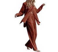 HaicoM Damen Pyjama Set Damen 2-teilig Schlaf Zweiteiler Damen Einfarbig Bluse Top und Lange Hose Set Damen Pyjama Sets Plus Size Lose Solid Shirt Anzug Hohe Taille Hose Langarm, C, 52