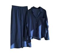 HaicoM Damen Pyjama Set Damen 2-teilig Schlaf Zweiteiler Damen Einfarbig Bluse Top und Lange Hose Set Damen Pyjama Sets Plus Size Lose Solid Shirt Anzug Hohe Taille Hose Langarm, B, 38