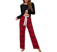 HaicoM Damen-Pyjama, T-Shirt mit Rundhalsausschnitt und kariertem Druck, lange Hose, lässiger lockerer Schlaf, zweiteilig, Hausbekleidung, Pyjama-Set mit Oberteil und Hose, Loungewear, Freizeitanzug,