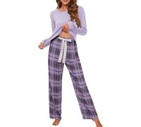 HaicoM Frauen Schlafanzug, Frauen Rundhals T-Shirt und Karo Gedruckt Lange Hose Anzug Frauen Casual Lose Schlaf Zwei Stücke Damen Homewear Pyjama Top und Hosen Set Loungewear Freizeitanzug, violett,