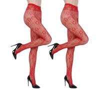 HaiFafafaing 2 Stück Spitze Strumpfhose Damen Netzstrumpfhose Rot Elastisch Hohe Taille Strumpfhosen für Damen Gemustert Spitze Netzstrumpfhose Y2K Accessoires
