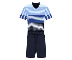 hajo Herren Schlafanzug, kurz - Klima-Komfort, Pyjama, Bermuda, V-Ausschnitt, Baumwoll-Mix Blau/Grau 4XL
