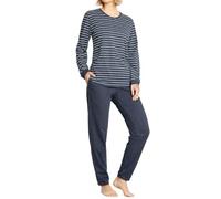hajo Damen Schlafanzug lang - Klima-Komfort, Rundhals, Cotton-Mix, gestreift Blau S