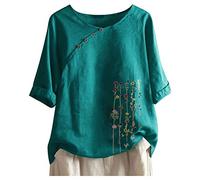 Halbarm Leinen Oberteile Damen Sommer Kurzarm Bluse Tunika Longshirt Grosse Grössen Leinenoberteile Leinenbluse Blumen Print Tshirt Lose Elegant Pullover T Shirt Tops, Grün, XXL
